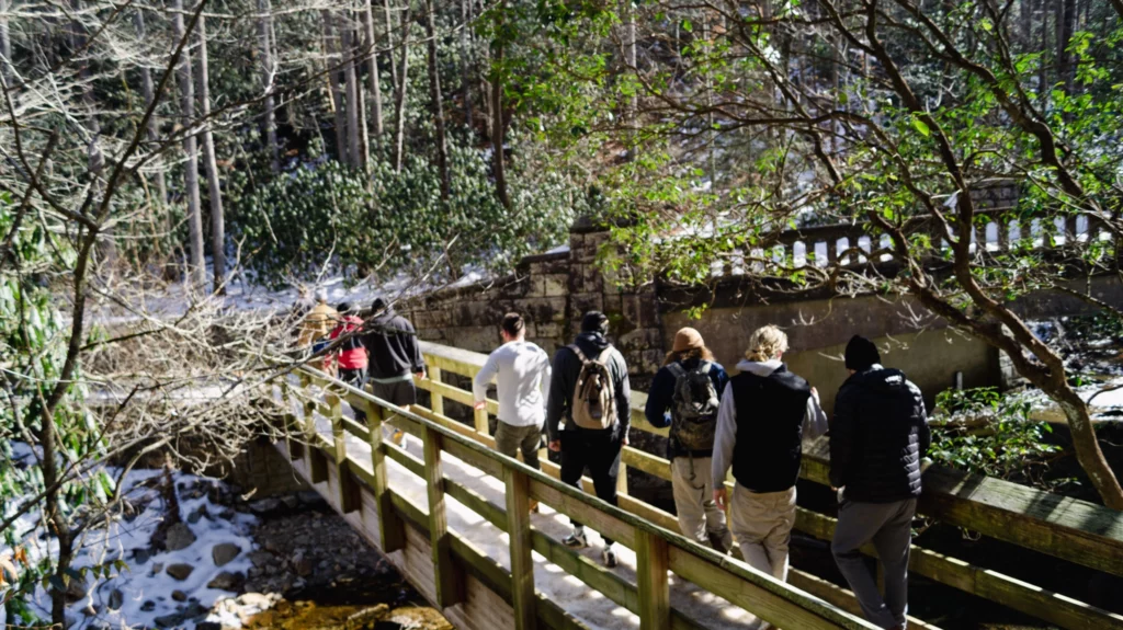 group of men in recovery on a hike